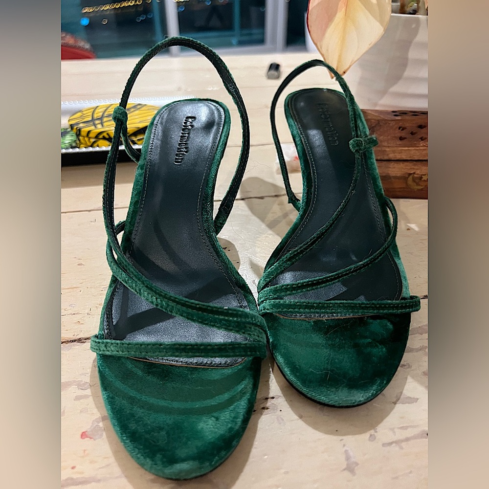 Brand new Reformation velvet green sandals NEVER worn. Simple delicate elegant!